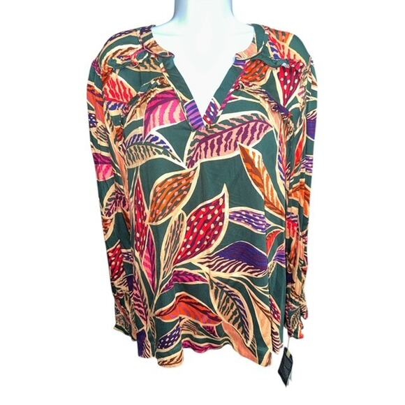Democracy 2X Top Green Orange Pink Purple Leaves Ruffles Smock Cuffs Long Sleeve - Picture 1 of 5